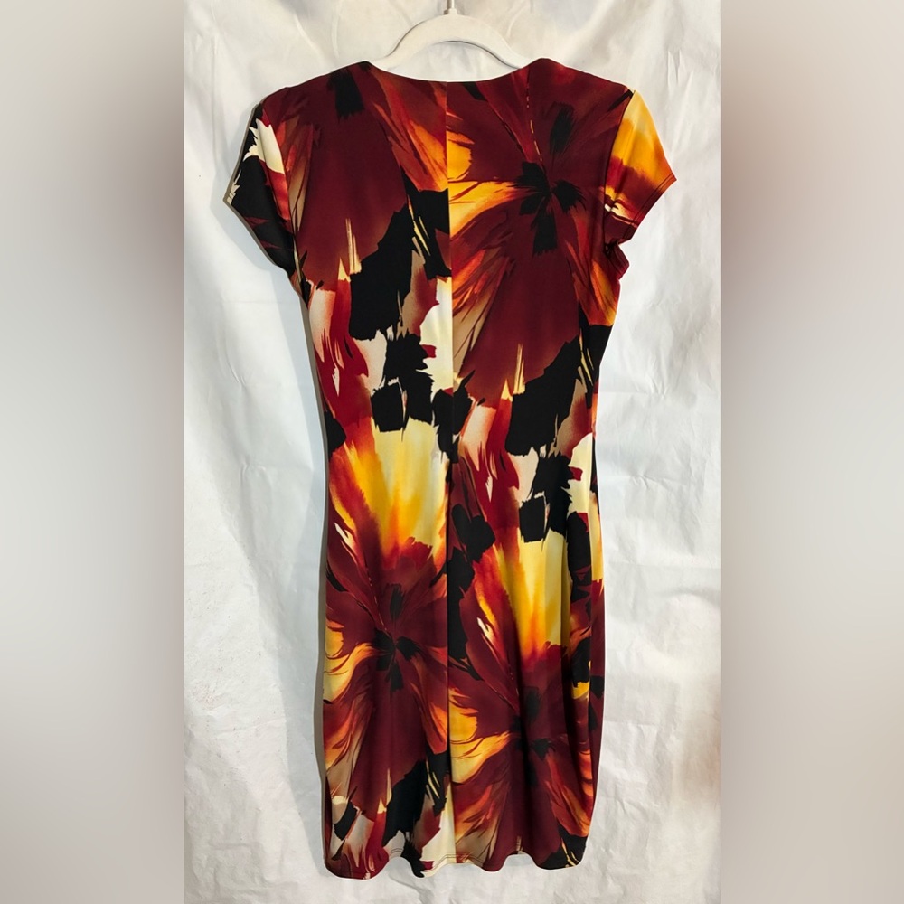 Cache Sunset 90s Y2K Dress Sz L faux Wrap Art to Wear Fitted Spandex Stretchy - Picture 3 of 8